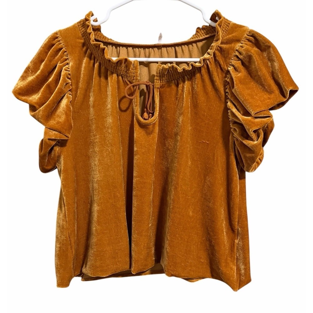 Free People Terese Velvet Top Pumpkin Pie Tie Neck Blouse Women's Size XS‎